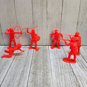 Vintage Old West Cowboys and Indians Figures Toys Red Plastic - Lot Of 6